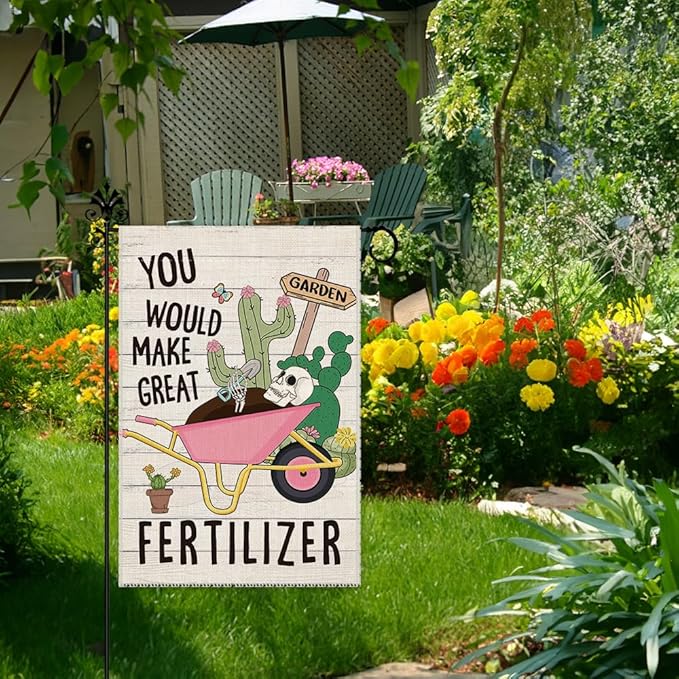 Hafhue You Would Make Great Fertilizer Cute Garden Flag, 12 x 18 Inch Double Sided Holiday Outdoor Farmhouse Lawn Decor Flag, Dinosaur Skeleton Yard Flag Gift for Planting Lover, Fall Outdoor Décor