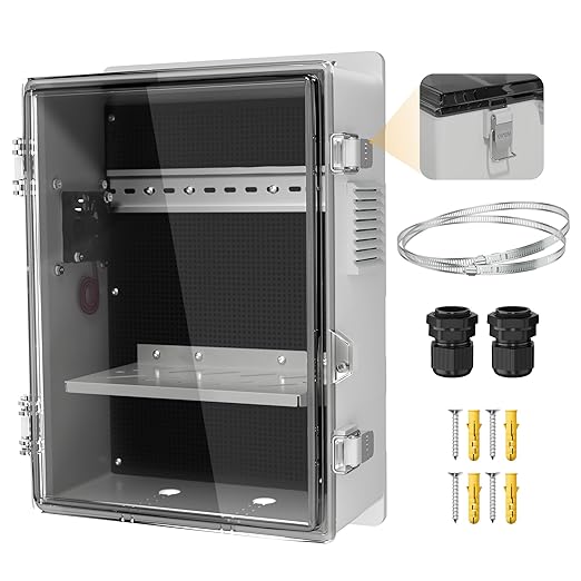 Joinfworld Outdoor Electrical Vented Box Outdoor Waterproof Junction Enclosure 16x11x6 Plastic WiFi Box with Stainless Steel Buckle Dust Screen 12V Fan