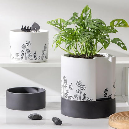 Nihow Self Watering Plant Pot: 8 Inch Ceramic Planter with Drainage Hole & Water Storage Plus for Indoor & Outdoor Plants - Cylinder Round Flower Pot for Succulent/Herbs/Violets - White