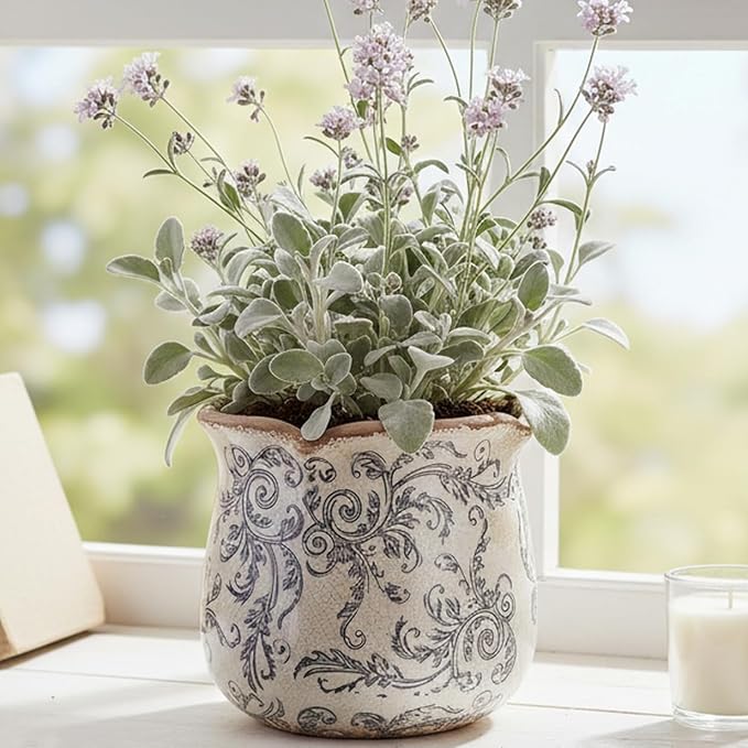 Ceramic Pots for Plants, Vintage Plant Pot with Drainage Hole, 6.11in. Planter for Indoor Plants, Crackle Glaze Finish Flower Pot, Perfect Tuscan Ceramic Planter for Gardening, Gray Swirls