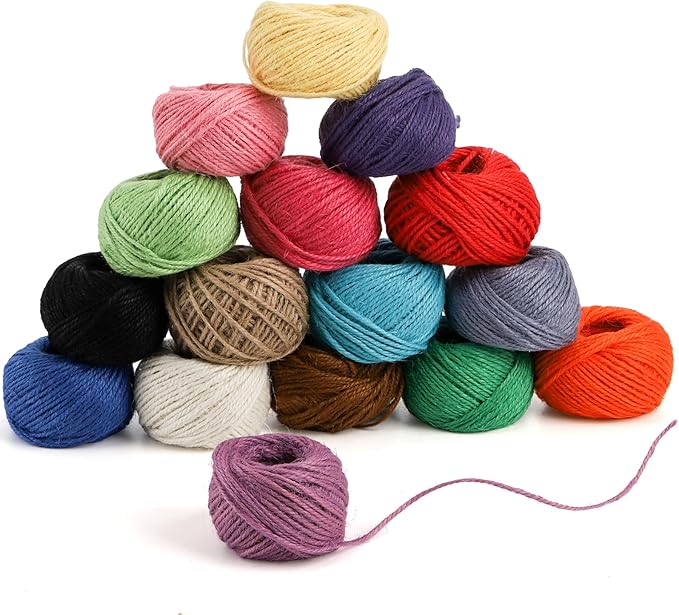 ZEAYEA 16 Rolls Colored Jute Twine, 1312 Feet 16 Colors Jute String, 2mm 3 Ply Craft String for Artworks, DIY Crafts, Decoration, Bundling