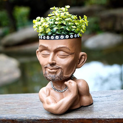 Unique Plant Pots Face Planters, Funny Plant Pots Head Planter, Men Face Planters Pots Head, Beefcake Face Vase with Drainage Hole (Brown)