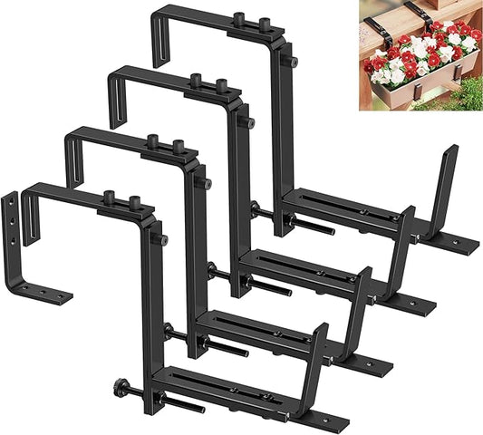 Y&M 4 Pcs Deck Railing Adjustable Planter Box Brackets (6 to 12.5 in), Universal Heavy Duty Iron Flower Box Brackets Wall Mounting Hooks for Fences, Patio, and Garden - Black (Patent Registered)