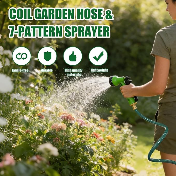 100FT Kink-Free EVA Coil Garden Hose, 3/4'' Brass Connector Expandable Self Coiling Water Hose with 7 Patterns Spray Nozzle for Lawn, Greenhouse, Patio, Boat, Car Wash