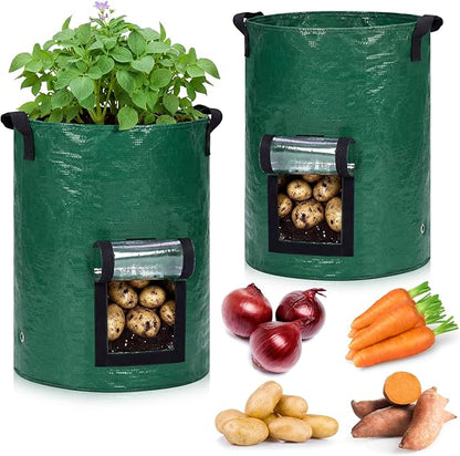 SATINIOR 2 Pack 30 Gallon Potato Grow Bags with Transparent Flap and Handles Green Durable PE Pots Large Plant Grow Bags for Onion Fruits Tomato Carrot