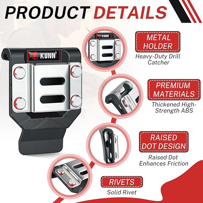 KUNN Drill Holder for Tool Belt, Drill Belt Clip & Tape Measure Holster | Low-Profile Quick-Release Holder | Fits Belts Up to 2.7" | for Impact Driver, Nailer