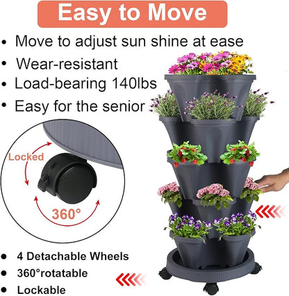 GameXcel Vertical Planter 5 Tier Stackable Planters Garden Planters Strawberry Herb Flower and Vegetable Planter Indoor Outdoor Gardening Pots with Removable Wheels and Tools