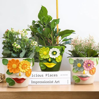 GUGUGO Unique Face Flower Plant Pots, Colorful Cute Succulent Planters with Drainage, Abstract Rainbow Head Flower Planters Pots for Indoor Plants, Funny Eclectic Home Décor (Blue&Pink, 5Inch)