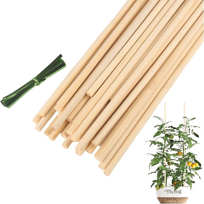 28 PCS Bamboo Plant Stakes, 18 Inches Wooden Plant Stakes for Indoor Plants, Gardening Floral Potted Plant Support Stakes with Strapping Tapes