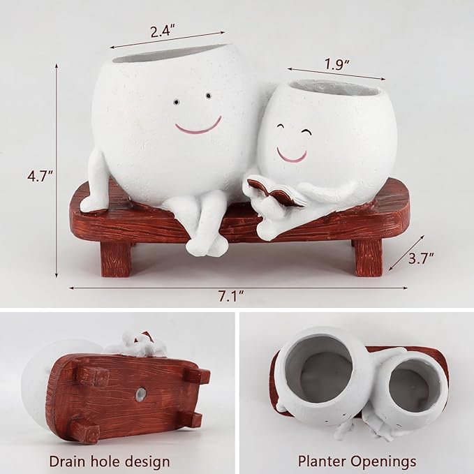 Meltset Cute Face Planter Pot - Funny Double Head Planter Sitting on Bench, Smiley Succulent Pot with Drainage Indoor and Outdoor, Unique Gift for Plant Lovers(White)