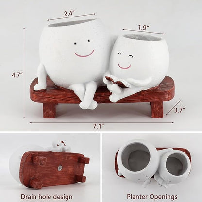 Meltset Cute Face Planter Pot - Funny Double Head Planter Sitting on Bench, Smiley Succulent Pot with Drainage Indoor and Outdoor, Unique Gift for Plant Lovers(White)