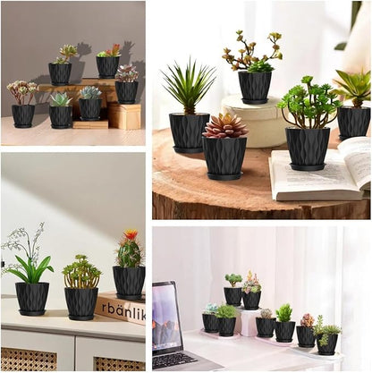 16 Pack 4 Inch Plastic Planter Pots with Tray, Heavy Duty Indoor Outdoor Planter Pots with 48 Drainage Holes for Herbs, Succulents, Seedlings, Flowers Durable and Lightweight Black