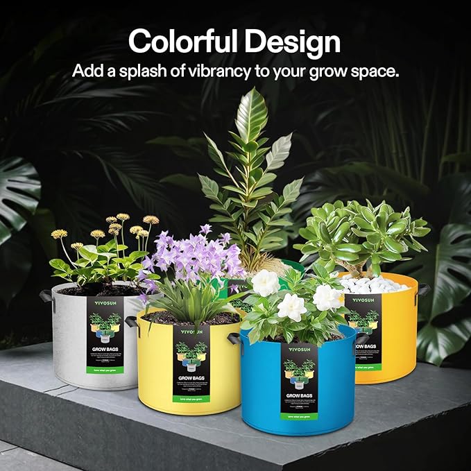 VIVOSUN 5-Pack 10-Gallon Colored Grow Bags, 350G Thick nonwoven Fabric Pots with Handles for Flowers, Fruits and Vegetables
