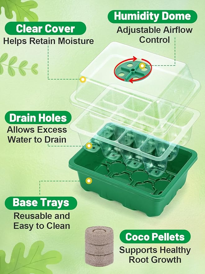 Apipi 5 Pack Seed Starter Kit with 60 Coco Coir Pellets - 60 Cell Seed Starter Trays with Domes for Indoor Greenhouse Germination, Home Gardening System for Vegetables/Herbs/Flowers
