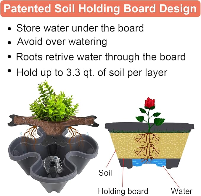 DUNCHATY Stackable Planter, Vertical Garden Planter with Wheels and Tools, Self Watering Strawberry Indoor/Outdoor 5 Tier Tower Herb for Growing Vegetables Succulents, Dark Gray