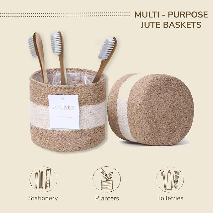 Jute Planter Basket -Sustainable Woven Rope Covers for Decorating Indoor/Outdoor Plants Pots 6.5x6.5x6 Inches Ideal Size for 6" Planter-Multi-Purpose Storage Set of 2 White & Natural Jute