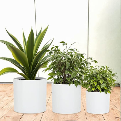 Fox & Fern Matte White Plant Pots with Drainage Plug (Set of 3) — Premium Lightweight Fiberstone 8, 10, and 12 Inch Planters for Indoor and Outdoor Use - Weather Resistant & UV Resistant
