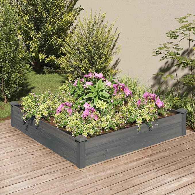 vidaXL Solid Fir Wood Raised Bed with Liner - Square Outdoor Planter Pot, Gray Finish, 47.2" x 47.2" x 9.8" for Garden/Patio Decor