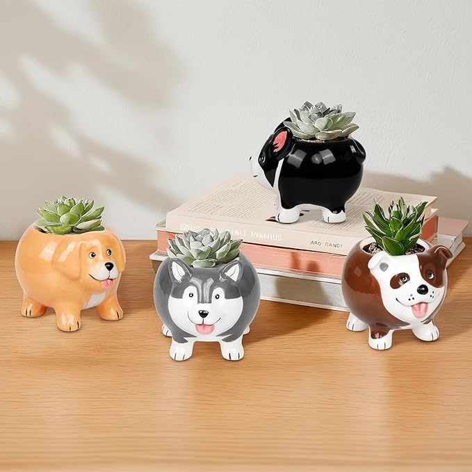 EFISPSS 4PCS Animal Succulent Plant Pots, Mini Doggy Shape Succulent Planter Pots with Drainage Hole, Ceramic Flower Pots for Home Decor and Office Desk Decoration