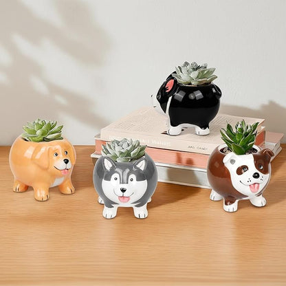 EFISPSS 4PCS Animal Succulent Plant Pots, Mini Doggy Shape Succulent Planter Pots with Drainage Hole, Ceramic Flower Pots for Home Decor and Office Desk Decoration