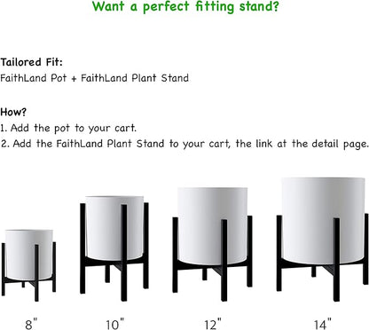 FaithLand Plant Pot 10 inch - Perfectly Fits Mid-Century Modern Plant Stand - Drainage Plug and Drainage Mesh Screen - Matte White Planter Pot - Upgraded