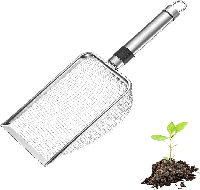 1-Pack Gardening Soil Sifter, 3.8 mm Mesh Stainless Steel Sand Soil Compost Sieve with Stainless Steel Handle for Sand/Dirt/Rock Compost [Silver Tone]