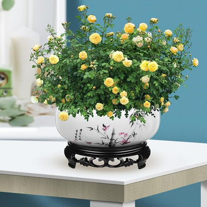 Angoily Lotus Bowl Planter, Water Lily Bowl, Water Lily Pot, Ceramic Planter Pot, Round Ceramic Hydroponic with Plastic Base, Classic Pottery Container for Indoor Plant Storage Decorative Home Office