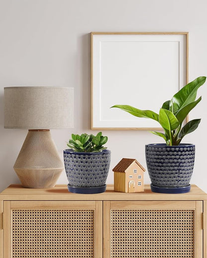 Plant Pots, Planters for Indoor Plants, Ceramic Plant Pots, 6.5+5.5 inch Plant Pot with Drainage and Saucer, Pots for Plants with Hole Mesh Pad, Set of 2, Reactive Glaze Blue