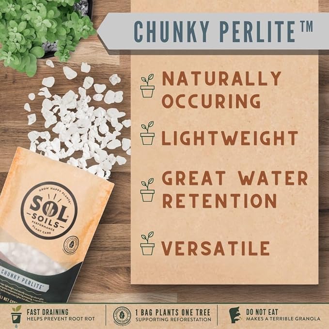 Sol Soils Chunky Perlite for Plants - Lightweight, All-Natural Volcanic Glass Soil Amendment to Improve Drainage & Aeration – 1 Quart