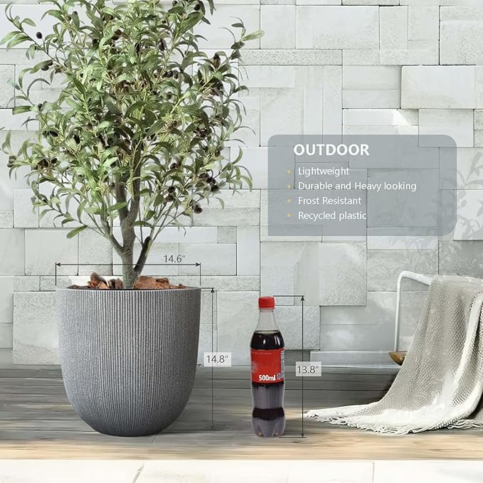 14.8" Tall Round Tapered Planter - Gray Faux Cement Finish, Lightweight Durable Plastic Plant Pot with Drainage Hole & Plug, Weather & UV Resistant Pot for Plants Indoor/Outdoor Use, 12.5" Opening