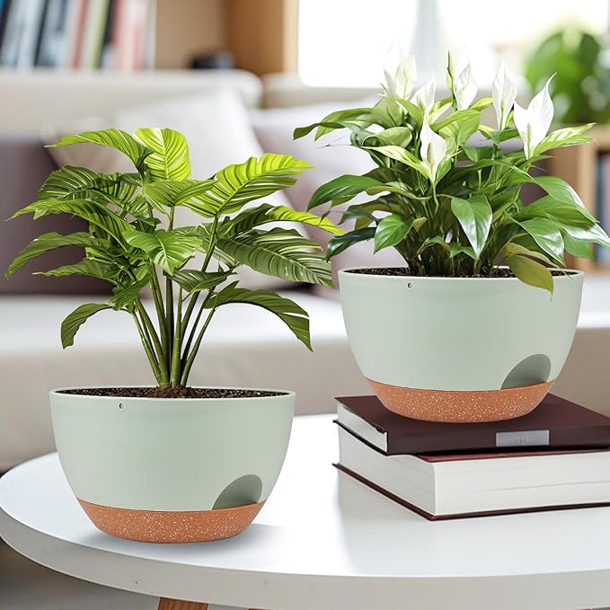 Plant Pots 12inch Self Watering Pots, Set of 2 Plastic Planters with Drainage Holes and Saucers, Flower Pots for Indoor Outdoor Plants (Green)