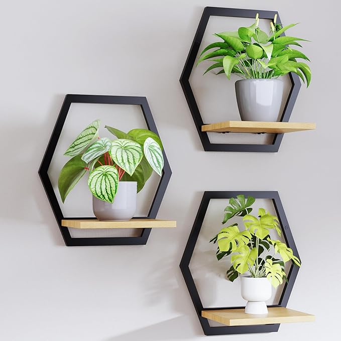 Modern Black Hexagon Wall Planters with Solid Wood Shelves Set of 3 Geometric Floating Wall Decor for Indoor Plants, Stylish Wall Mounted Display for Succulents & Small Plants