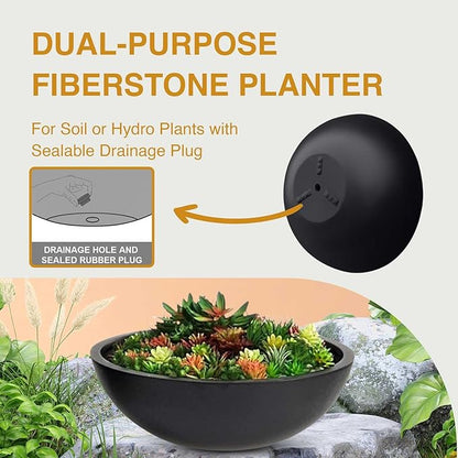 7.7" H x 22" D Round Bowl Fiberstone Planter for Succulent and Lotus with Drainage Hole, Smooth Finishes, Weather Resistant, Included 2 Extra Coco Mats (Black, 19.9" Pot Opening)