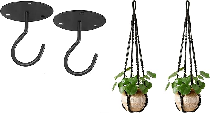 Mkono Macrame Plant Hanger Indoor Hanging Planter Basket and Ceiling Hooks, Wood Beads Decorative Flower Pot Holder for Indoor Outdoor Boho Home Decor, Black，Set of 2