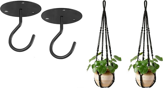Mkono Macrame Plant Hanger Indoor Hanging Planter Basket and Ceiling Hooks, Wood Beads Decorative Flower Pot Holder for Indoor Outdoor Boho Home Decor, Black，Set of 2
