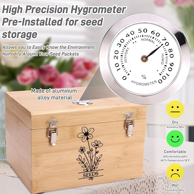 Professional-Designed Bamboo Seed Storage Box with Built-in Hygrometer, Double-Layer Airtight Lid and Safety Lock, Temperature-Stable Wooden Seed Organizer for Preservation, Great Gifts for Gardener
