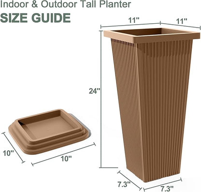 Set of 2 Large Planters for Outdoor Plants 24" Tall Tapered Modern Flower Pots with Drainage Tray for Garden, Patio, Porch (Brown Ribbed)