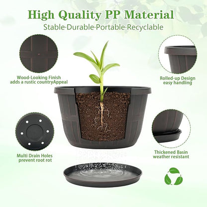 Quarut 16 Inch Brown Classic Plastic Whiskey Barrel Planters Set of 4 with Drainage Holes & Trays for Indoor & Outdoor Use