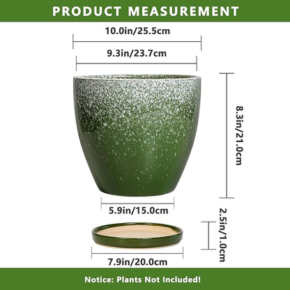 10 Inch Plant Pot - Ceramic Planters for Indoor Plants Outdoor, Large Planter with Drainage Hole and Saucer, Decorative Round Flower Pots, Garden House Decor, Gifts for Plant Lovers, Green