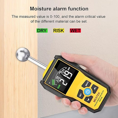 MESTEK Wood Moisture Meter for Non-Destructive Moisture Detection in Drywall, Wood, and Masonry, Moisture Tester with Backlit Color LCD Display & Alarm Function, Detects up to 20-40mm Below Surface