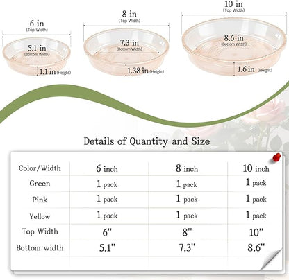 SupKing 9 Pack Plant Saucers (6inch /8inch /10inch) Multiple Color Plant Trays for Indoor Outdoor Plastic Flowerpot Saucers Thicker Plant Water Catcher Drip Trays for pots -Green/Yellow/Pale Pink