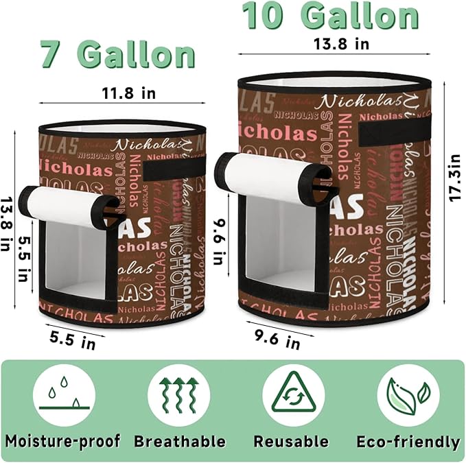Custom Name Grow Bags 10 Gallon Personalized Breathable Potato Growing Bag with Flap Harvest Window and Handles Garden Planting Bag for Tomato Vegetable Fruits 2 Pack Chocolate Color