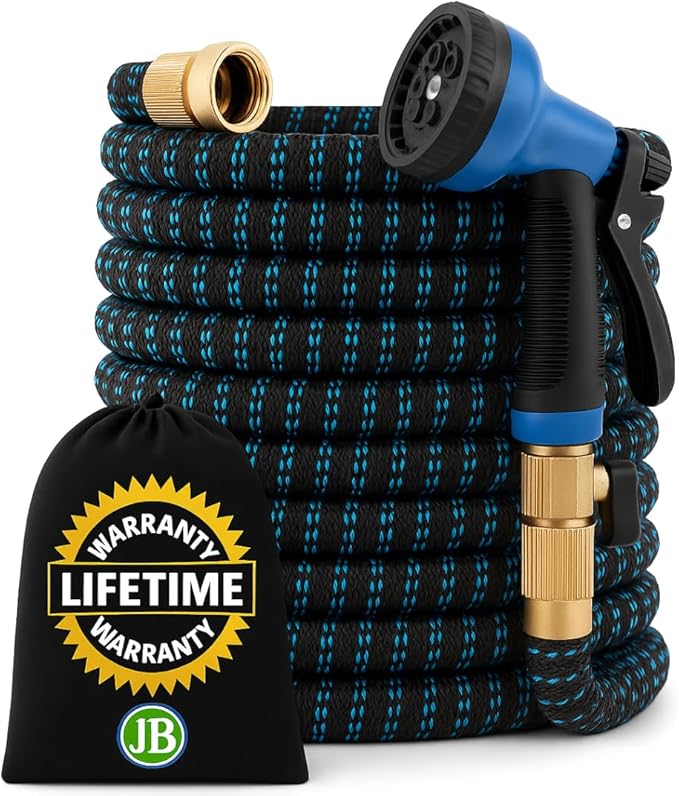 J&B XpandaHose 75ft Expandable Garden Hose with Holder - Heavy Duty Superior Strength 3750D - 4 -Layer Latex Core - Extra Strong Brass Connectors and 10 Spray Nozzle w/Storage Bag (Blue 75)