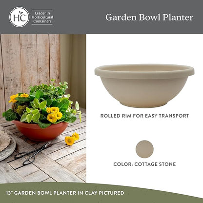 The HC Companies 15.5 Inch Shallow Garden Bowl Plant Pot with Drainage, Lightweight UV-Resistant Plastic Planters for Succulents & More, 2-Pack Planters for Indoor Outdoor Home Decor, Cottage Stone