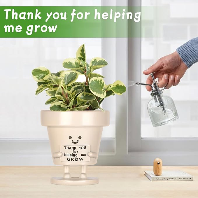 Funny Smiley Face Planter Pots with Drainage - Unique Cute Resin Flower Pot for Indoor Outdoor Plants Succulents Cactus Teacher Appreciation Gifts