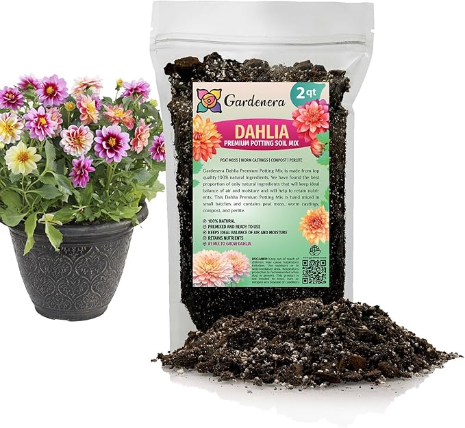 Expert Dahlia Potting Soil Mix by Gardenera - Enhance Growth and Color - Perfect Balance of Nutrients and Drainage - 2 Quart