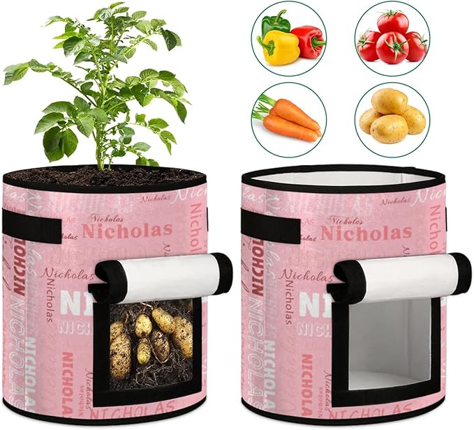 Custom Name Grow Bags 7 Gallon Personalized Breathable Potato Growing Bag with Flap Harvest Window and Handles Garden Planting Bag for Tomato Vegetable Fruits 2 Pack Light Pink