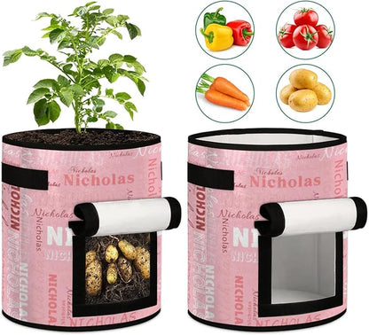 Custom Name Grow Bags 7 Gallon Personalized Breathable Potato Growing Bag with Flap Harvest Window and Handles Garden Planting Bag for Tomato Vegetable Fruits 2 Pack Light Pink
