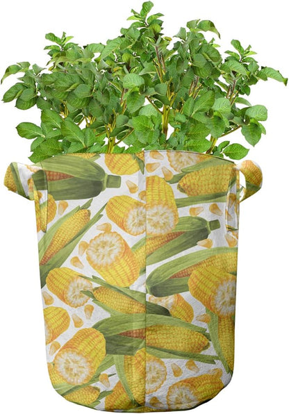 Ambesonne Corn Grow Bags 5-Pack, Vegetable Stalks Illustration, Heavyduty Fabric Pots with Handles for Plants, Yellow Green White