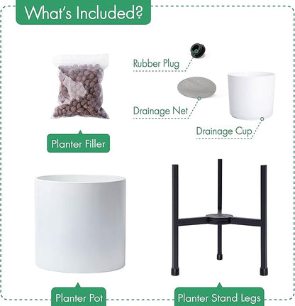 D'vine Dev Mid Century Fiberglass Resin Planter Pot with Iron Stand, 8 inch, Matte White, 96-A-1-S